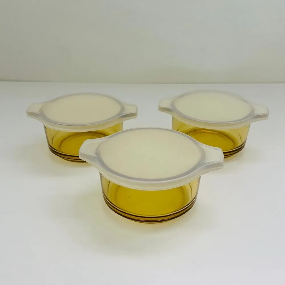 DYNAWARE PYR-O-REY Amber Yellow Glass Small Casserole Dishes With Lids, Set of 3